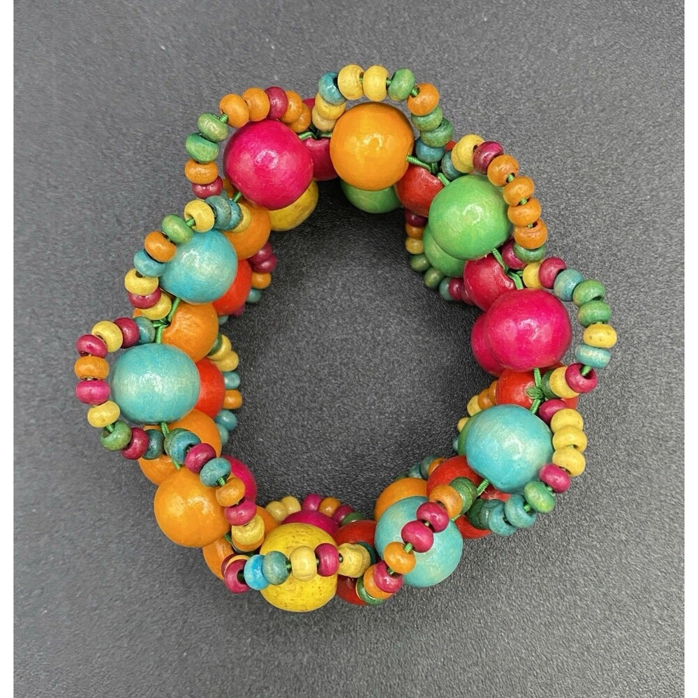 Bright Colorful Multicolor Wood Bead Stretch Bracelet - Picture 6 of 6